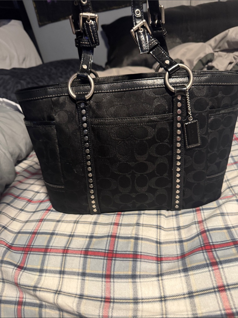 Coach Black Signature Jacquard Studded Shoulder Tote